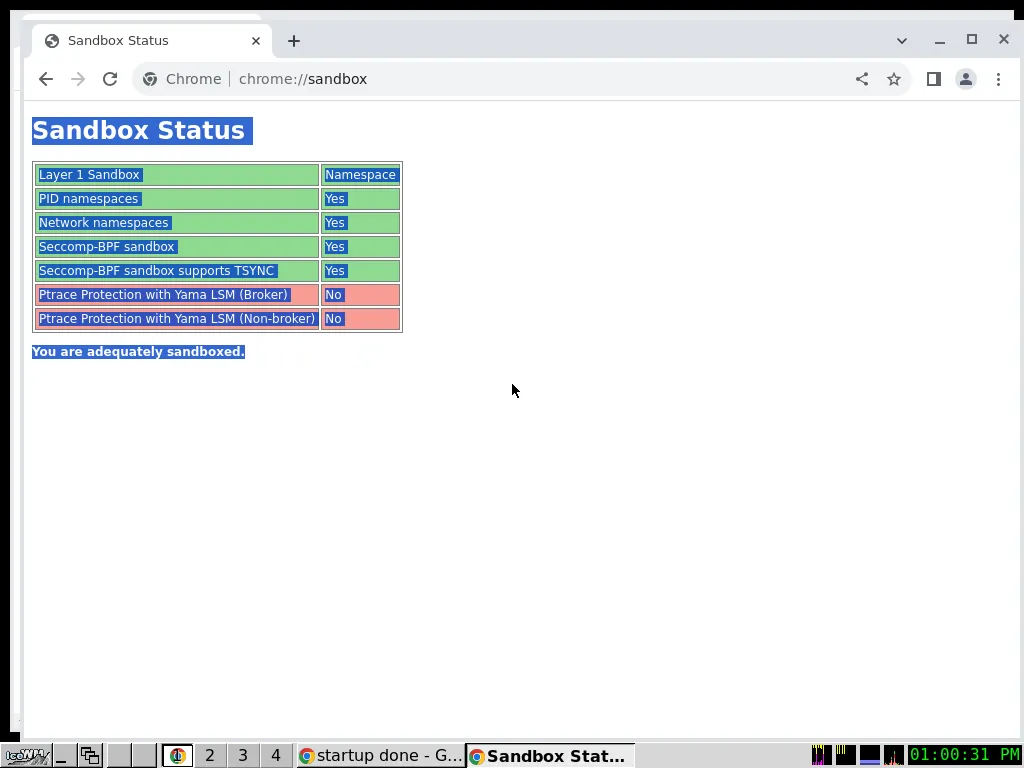 Screenshot of Chrome&#x27;s about://sandbox page running within the Integration Test Sandbox