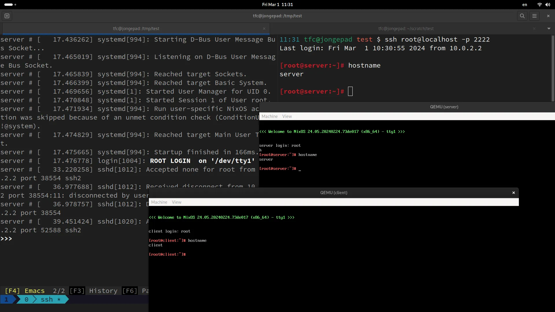 The interactive NixOS driver allows us to run the VMs outside the sandbox and access them directly or via SSH. Here we see both Qemu images with the Gettys and in the background a shell with an SSH connection to the echo server.