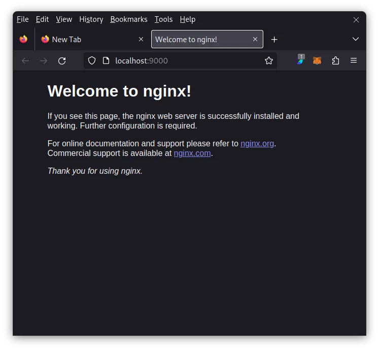 The nginx welcome page on the host's browser, served by the NixOS container