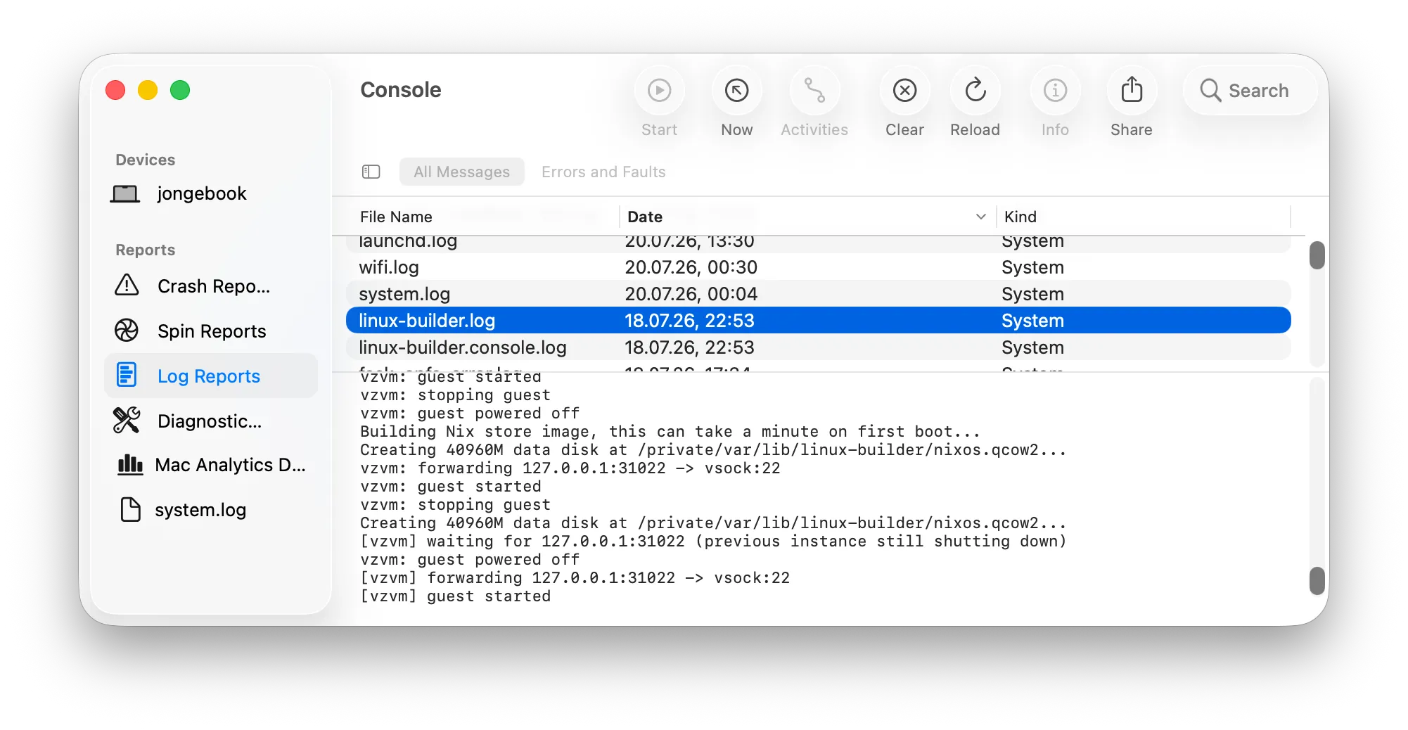 The linux-builder's vzvm log output in the macOS Console app