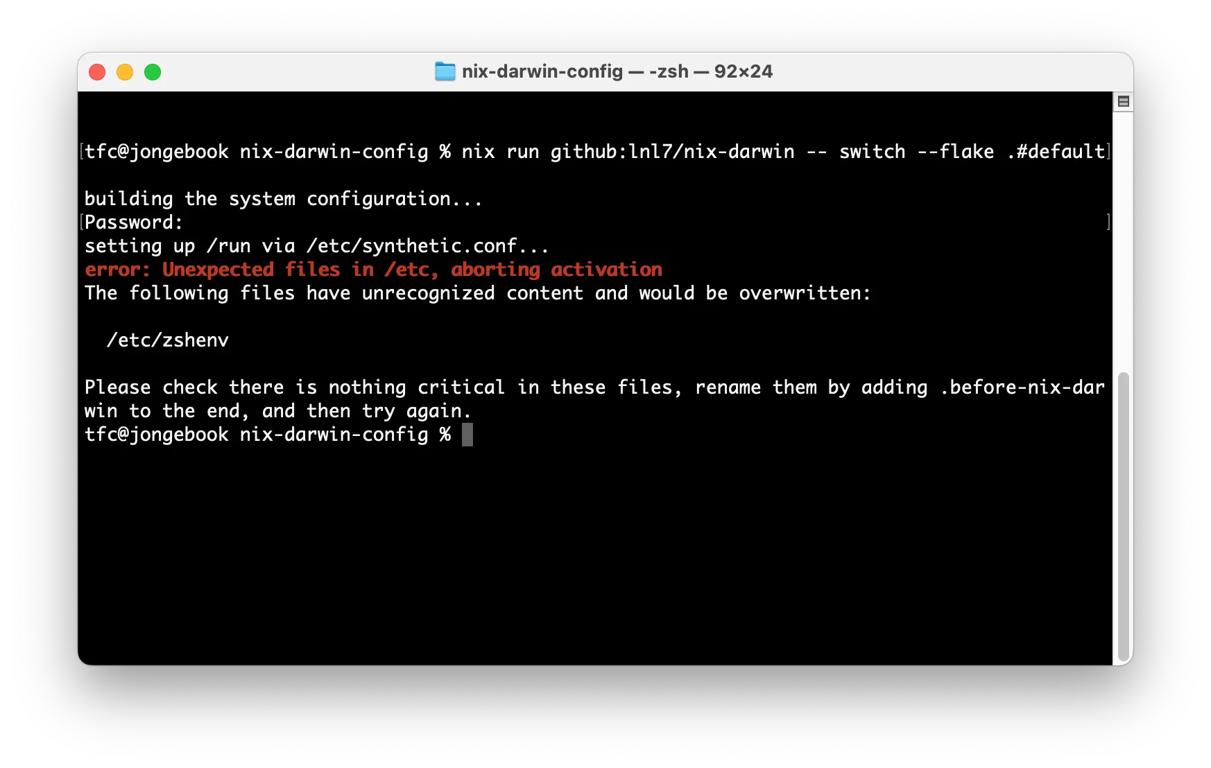 nix-darwin warns at bootstrap time in case of potential overwrites