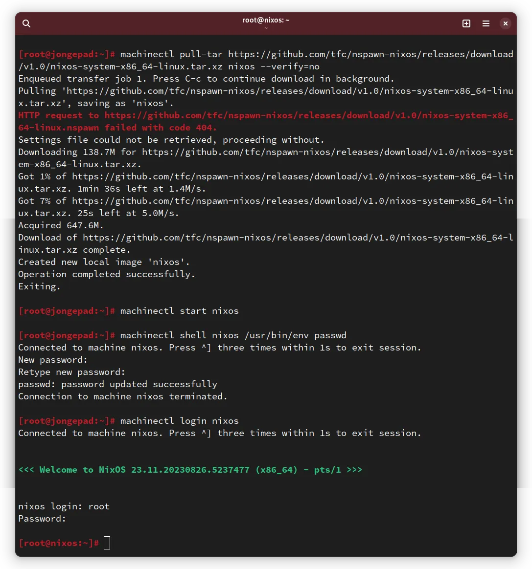 Pulling and Running NixOS as a systemd-nspawn Image is quick and easy!