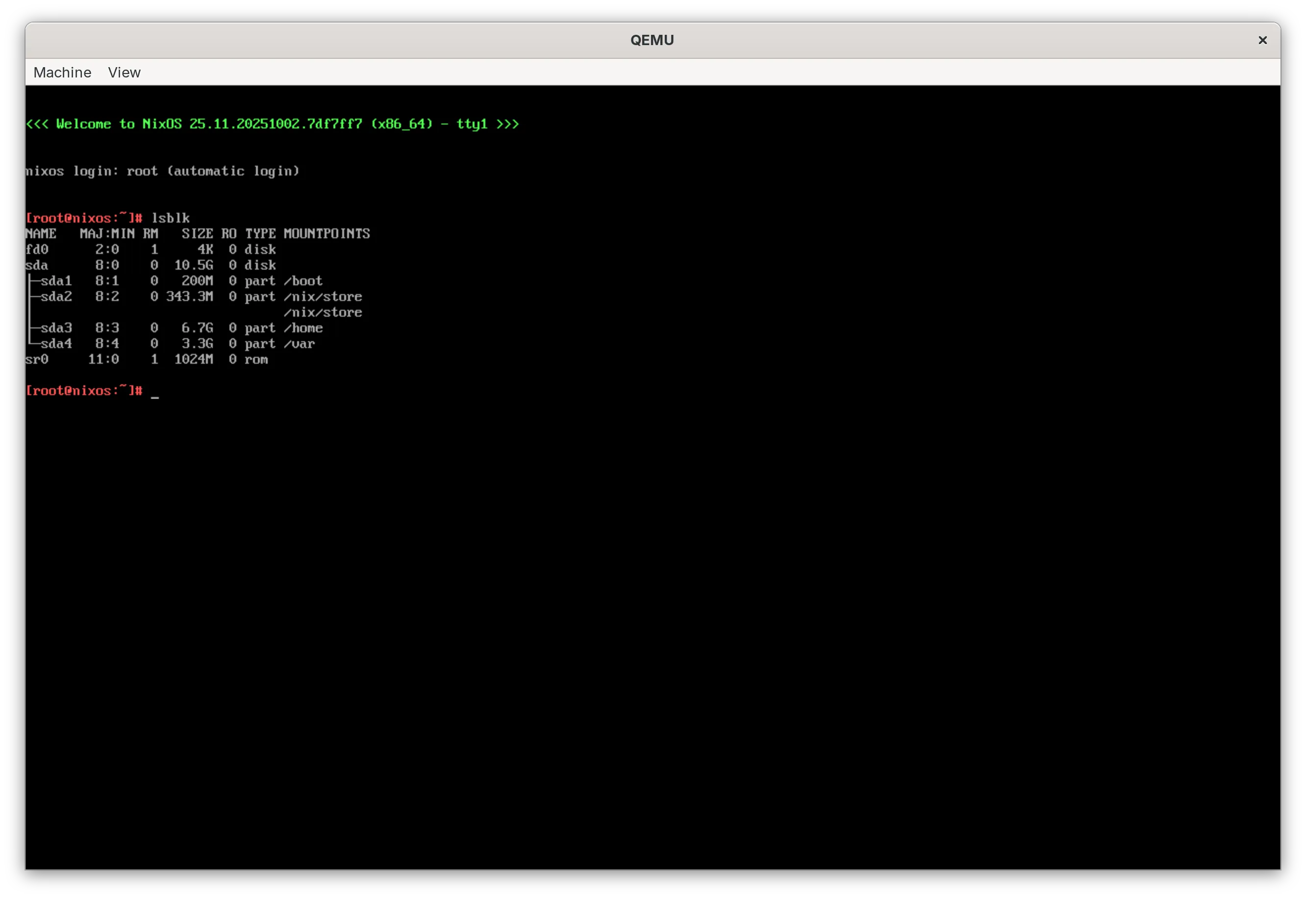 The output of lsblk after the first boot