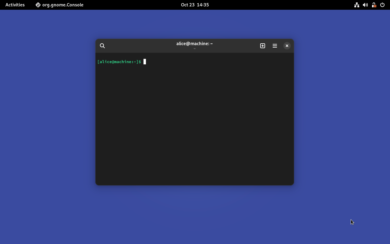 Screenshot of Gnome Console running within the Integration Test Sandbox