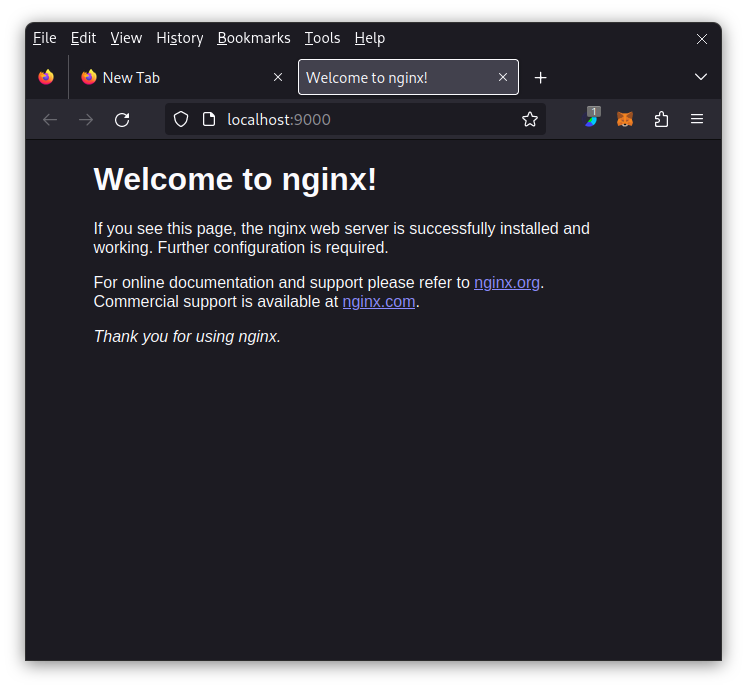 The nginx welcome page on the host’s browser, served by the NixOS container